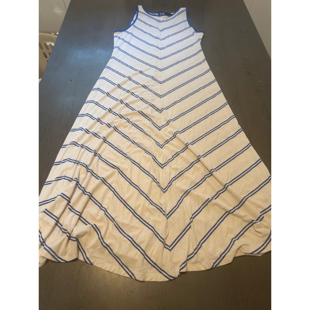 Ann Taylor Blue White Chevron Stripe Sleeveless Maxi Dress Medium A-Line Stretch